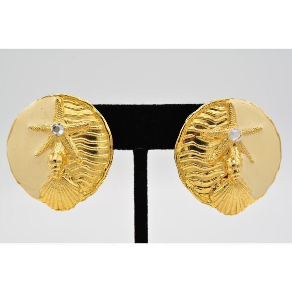 Vintage Sand Dollar Clip On Earrings Gold Rhinestone Starfish Chunky 1980s BinAG - Picture 1 of 12